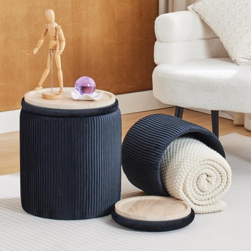 BLEXA Round Storage Ottoman, Set of 2, Velvet Vanity Stool, Black