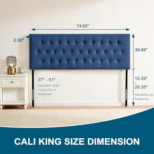 Upholstered Headboard California King, Adjustable Height 37''- 51'', Blue
