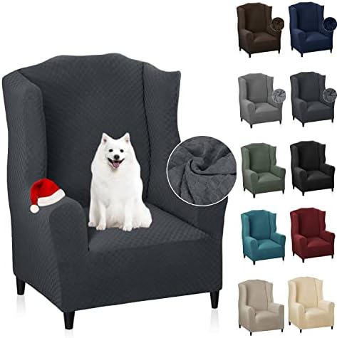 MAXIJIN Wingback Chair Covers 1-Piece Stretch Wing Chair Covers Soft Thick Wingback Armchair Slipcover Non-Slip High Back Chair Furniture Protector Washable (Wing Chair, Dark Gray)