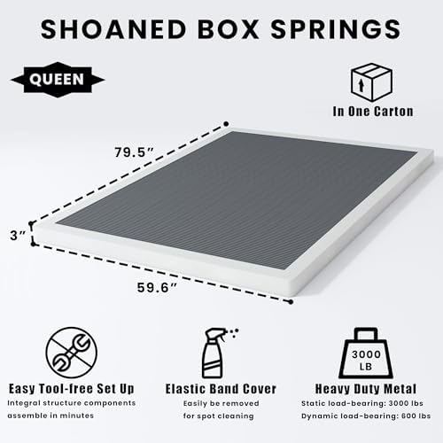 Queen Size Box Springs - 3 Inch Low Profile Mattress Foundation No Noise Heavy Duty Metal Basics Bed Base with Clean Fabric Cover, Easy Assembly