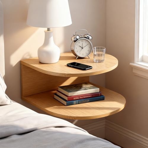 Bamboo Floating Nightstand with Storage Drawer and Modern Open Shelf Cubby，Bedroom, Living Room, Kitchen, Tool Room for use. (2 Pcs Natural, Trumpet)