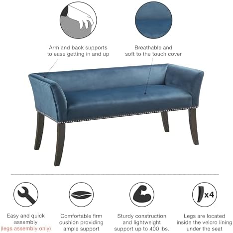 Madison Park Accent Bench, Upholstered with Nailhead Trim, & Padded Seat Entryway Bench Small, End of Bed Bench with Back, 49.5" W x 19.25" D x 23" H, Blue