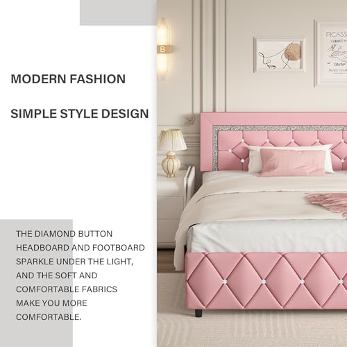 King Size Bed Frame, Faux Leather Upholstered Bed with Diamond Headboard