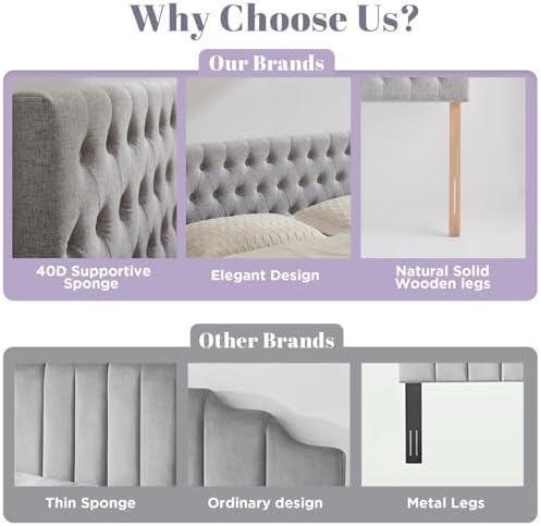 Kingfun Upholstered Queen Headboard Only, Premium Linen Button Tufted Headboards, Adjustable Solid Wood Head Board, Padded Headboard with Solid Wood Legs in Bedroom (Grey)