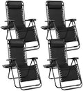 Sweetcrispy Zero Gravity Chairs, Set of 4 Portable Recliner Beach Camping Patio Outdoor Folding Lounge Chair with Cup Holder Trays and Adjustable Pillow for Poolside, Garden, Backyard, Lawn, Black