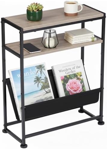 Narrow End Table for Small Spaces - Slim Side Table with Magazine Holder,2 in 1 Design Narrow Coffee Table Living Room,Skinny Bedroom Nightstand Thin Side Magazine Table,Oak