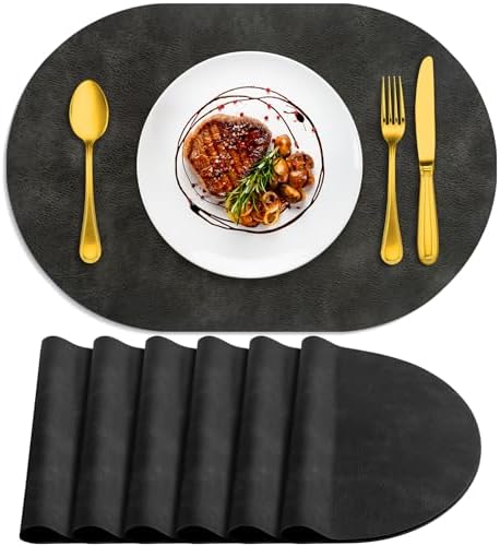 ADRIMER Oval Placemats Set of 6, Wipeable Faux Leather, Dark Grey
