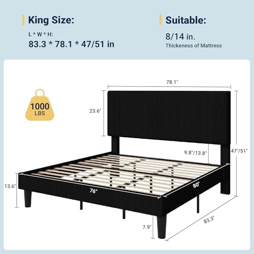 Allewie King Bed Frame, Corduroy Tufted Headboard, Black