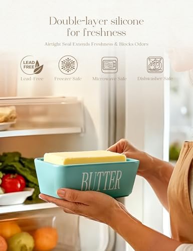 Ceramic Butter Dish with Lid and Knife & Silicone Seal for Countertop Green