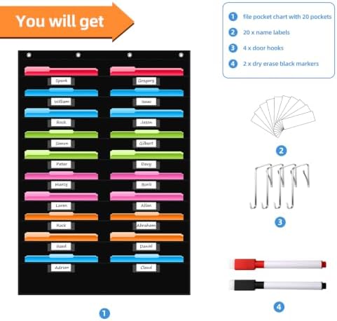 20 Pockets File Storage Pocket Chart with 20 Nametag Pockets, Hanging Wall File Organizer for Classroom and Office, Organize Your Assignments, Files, Scrapbooks, Paper (Black-20 Pockets)