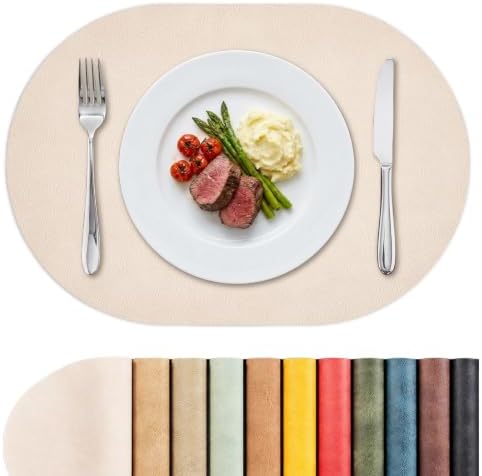 MOSAYT Vinyl Faux Leather Oval Placemats, Set of 6, Beige