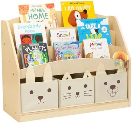 OOOK Kids Wooden Bookshelf with 3 Storage Box, 3-Tier Montessori Bookshelf