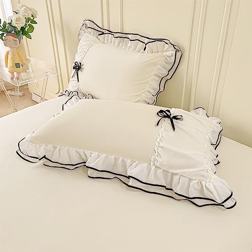 IHOUSTRIY Cream Duvet Cover Queen Size, Ruffle Beddding Set with Bowtie, 3 Pieces Comforter Cover Set with Zipper Closure, Girl Bedding with Pillowcase - Cream Yellow, Queen