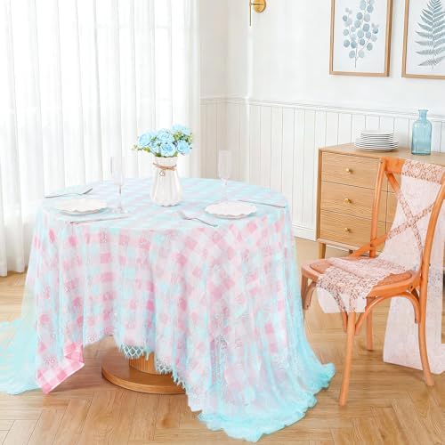 Rectangle Table Cloth 10FT Blue Lace Tablecloth Floral Pattern Sheer Cover