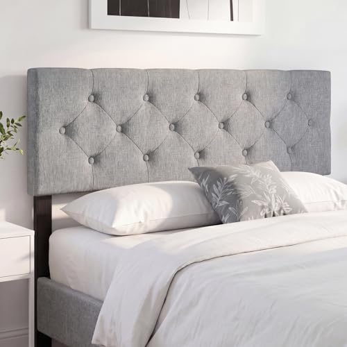 KOMFOTT Linen Upholstered Headboard for Full & Queen Size Bed Frame, Tufted Button Bed Headboard with Solid Rubber Wood Legs, Rectangular Headboard with Adjustable Width (Rhombic Button Tufted,Grey)