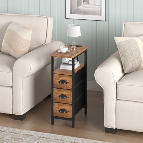 sthmec End Table with Charging Station,Narrow Side Tables with USB Ports and Outlets,Skinny Bedside Tables with 3 Drawers,Small Nightstands for Small Space,Slim Sofa Table for Livingroom,Rustic Brown