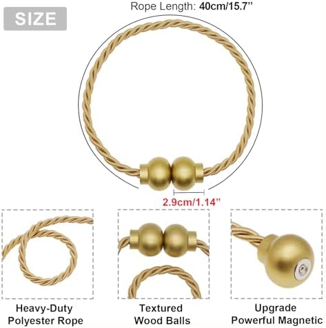 4Pcs Magnetic Curtain Tiebacks Modern Handmade Rope Curtain Tie Backs Gold
