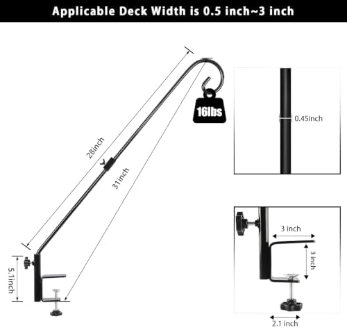 FEED GARDEN 31 Inch Heavy Duty Deck Hook for Railing 2 Pack, Non-Slip Clamp, 360 Degree Swivel, for Hanging Bird Feeders, Plants, Lanterns, Suet Baskets, Wind Chimes, Black