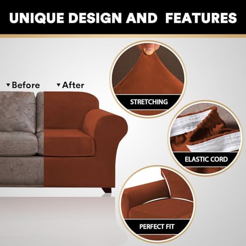 PrinceDeco Velvet Couch Cover Loveseat Covers for 2 Cushion Couch 3 Piece Sofa Covers for Dogs Washable Loveseat Covers Width Up to 72 Inch No Slip Stretch Sofa Slipcover(Medium, Rust)
