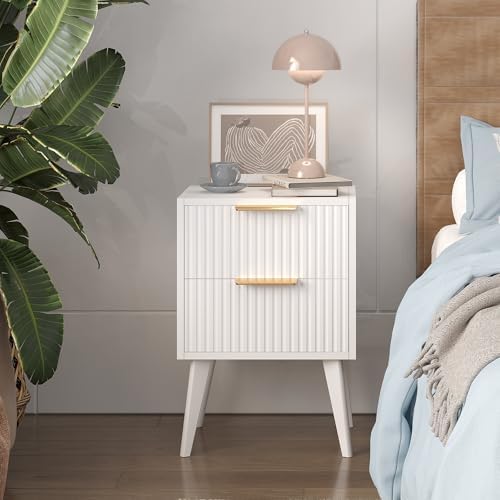 YAUKOMEL Fluted Nightstand with 2 Drawers,Modern Bedside Table White