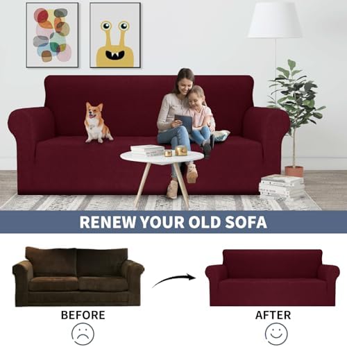 JIVINER Stretch Sofa Covers 1 Piece Couch Covers for 3 Cushion Couch Sofa, 3 Seater Sofa Slipcovers Furniture Protector with Elastic Bottom for Kids, Pets (Large, Wine Red Rhomb)
