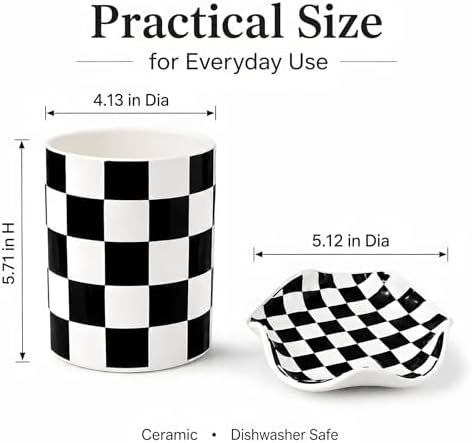Checkered Utensil Holder and Spoon Rest Set, Black and White Ceramic Utensil Holder for Countertop, Spoon Rest for Stove Top, Farmhouse Kitchen Decor, Dishwasher Safe, Utensils Not Included