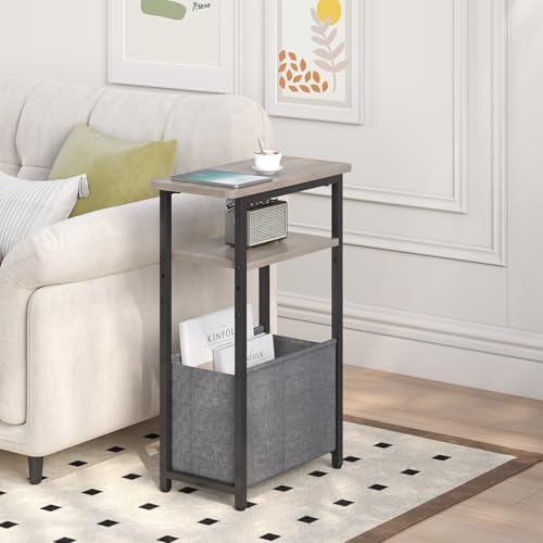 sthmec Narrow Side Table Set of 2, Skinny End Tables with Fabric Basket, Small Side Tables for Small Space,2-Tier Open Shelves with Basket, Slim Nightstands Set 2 for Bedroom,Livinroom,Office, Grey