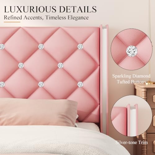 HOMBCK Full Size Bed Frame with Headboard, Silverside Wingback, Pink