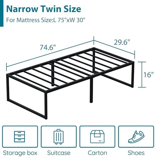 EMODA 16 Inch Narrow Twin Bed Frame 30x75, Heavy Duty Metal Platform
