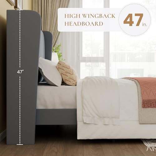 SHA CERLIN Queen Velvet Upholstered Bed Frame, Wingback Headboard, Grey