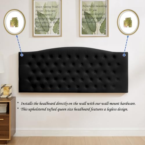 24KF Upholstered Tufted Button Wall Mounted Velvet Headboard,Comfortable Fashional Headboard Queen/Full Size,6058-Q-Black