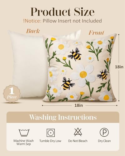 Embroidered Throw Pillow Cover 18x18 Inch, Flower Bee