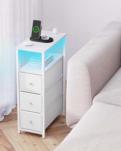 TUTOTAK Narrow LED Night Stand with Charging Station, Slim End Table