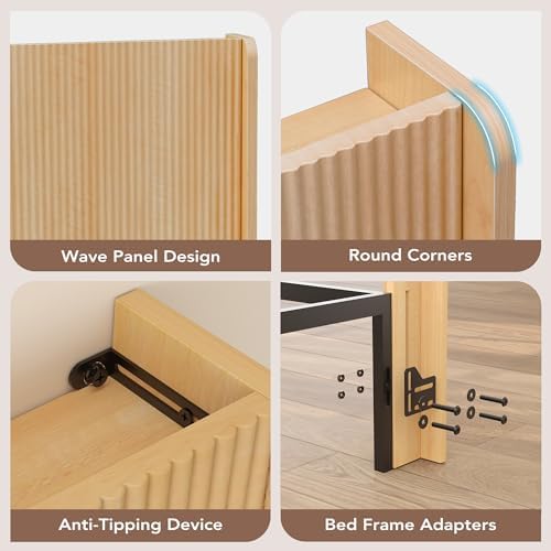 Queen Size Headboard with Nightstands, Boho Wood Head Board & Nightstand Set of 2 with Charging Station & LED Lights, Modern Fluted Wall-Mounted Bed Headboards for Bedroom, Height Adjustable, Natural