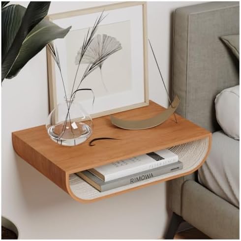 EWART WOODS Floating Nightstand, Walnut Bedside Shelf Wall Mount, Bed Night Stand for Bedroom, Wooden Side Table Cabinet, Entryway Furniture (Cherry)