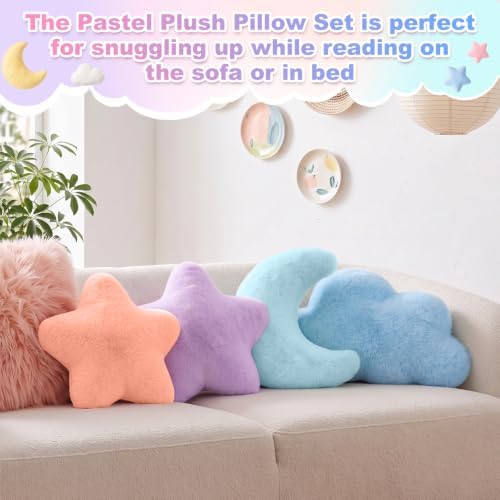 4 Pcs Plush Cloud Star Moon Throw Pillow Set, Mint, Blue, Purple, Pink