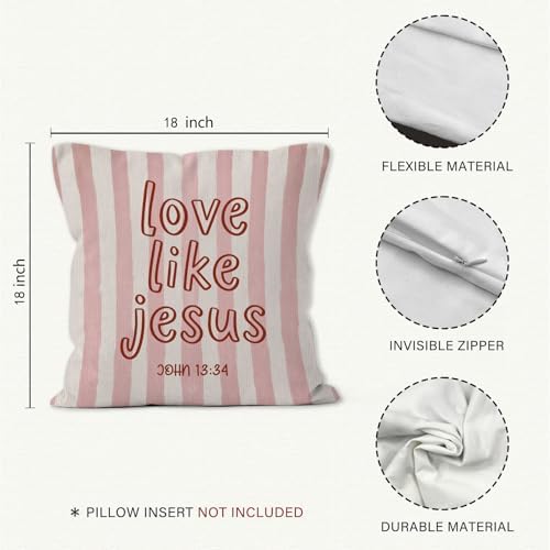 Pink Striped Christian Bible Verse Throw Pillow Cover 18x18, Love Like Jesus Religious Decorative Pillow Covers for Home Bedroom Living Room Couch, Christian Gifts Accent Pillows Cover Pillowcases