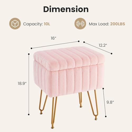 DUMOS Vanity Stool Chair, Ottoman with Storage, Makeup Cute Soft Small Footstool, Modern Style Faux Fur Seat with 4 Metal Legs & Adjustable Feet for Dressing, Living Room, Bedroom, Dorm, Pink