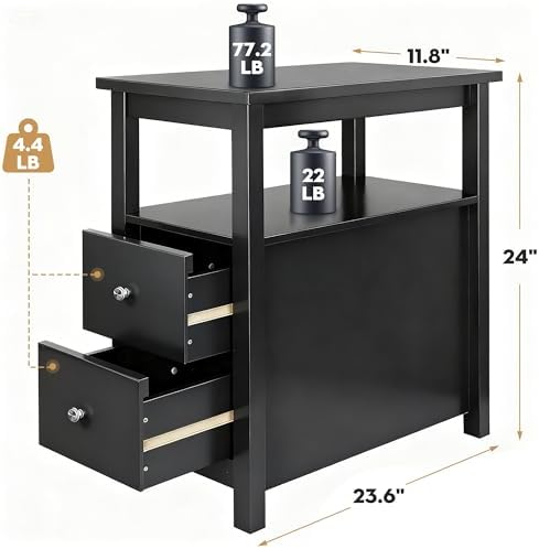 ZENY Narrow End Table Set of 2 Side Table with Drawer and Open Shelf Sofa Table for Living Room Bedroom, Small Table for Bedside, Couch
