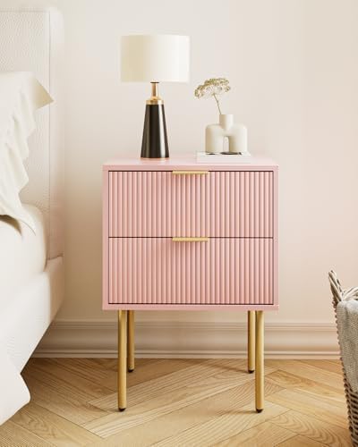 Aienvey Nightstand with 2 Drawers, Pink Stripe Night Stand and Gold Frame