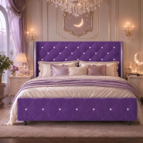 HOMBCK Full Bed Frame with Velvet Headboard, Silverside Wingback, Purple