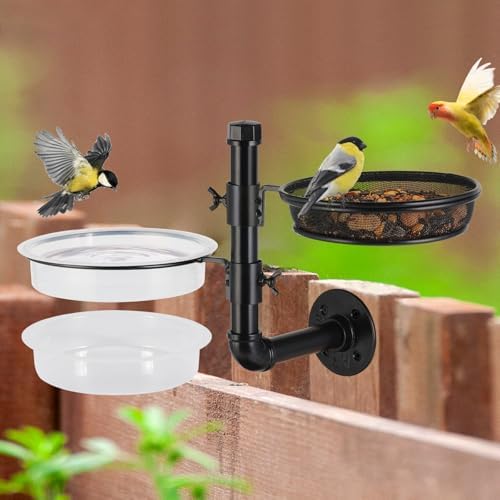 Urban Deco Metal Wall Mounted Bird Feeder & Bath Combo for Balcony, Fence, Yard — Detachable Seed Tray + 2 Water Bowls, Easy Clean, Black | Attracts Cardinals, Chickadees, Finches