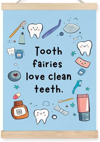 FDHSPAAM Funny Dental Wall Art Decor, Dental Office Decor, Dentist Gifts, Tooth Fairies Love Clean Teeth Cute Oral Hygiene Wall Art Posters for Hospital Doctor Office, 12x16 Inch