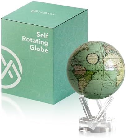 Antique Terrestrial MOVA Globe 4.5" – Green Vintage Map, Solar Powered Rotating Desktop Globe, Classic Decorative Gift