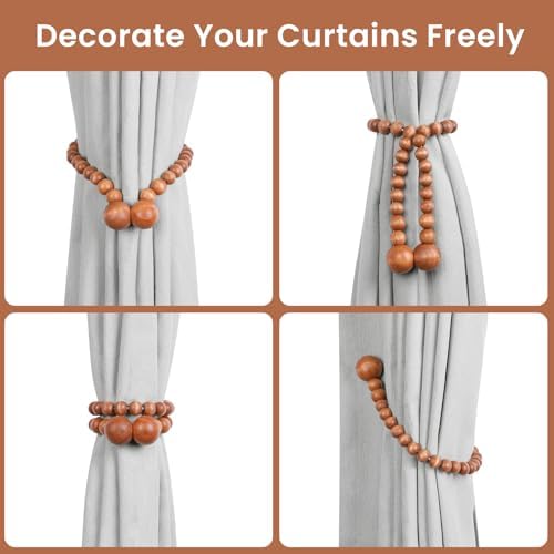KLOGTSIND Magnetic Curtain Tiebacks, 6 Pack Wood Bead Curtain Holdbacks
