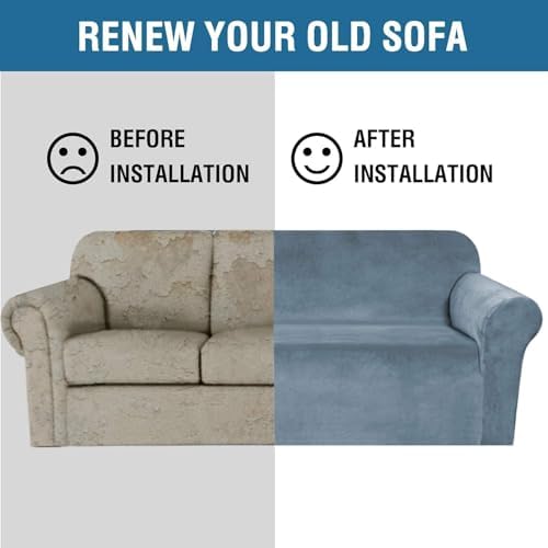 H.VERSAILTEX Stretch Velvet Sofa Covers for 3 Cushion Couch Covers Furniture Protector Soft with Non Slip Elastic Bottom, Crafted from Thick Comfy Rich Velour (Large Sofa 90"-97", Stormy Blue)