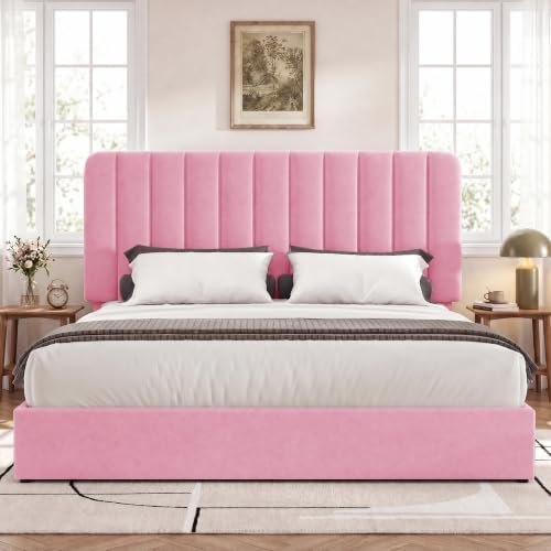 VECELO Full Size Upholstered Bed Frame with 4 Drawers and Headboard, Velvet Platform Storage Bedframe, Wooden Slats Support, No Box Spring Needed,Pink