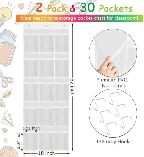 2 Pack Classroom Headphone Storage Organizer with 30 Pockets & 62 Labels