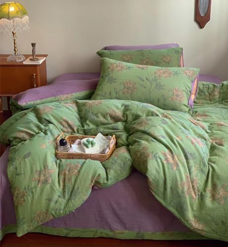 Retro Flower Duvet Cover King,3Pcs Yarn-Dyed French Linen Jacquard Duvet Cover Set Mint Green Purple Bedding Set for Girls Women Without Comforter