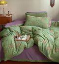 Retro Flower Duvet Cover King,3Pcs Yarn-Dyed French Linen Jacquard Duvet Cover Set Mint Green Purple Bedding Set for Girls Women Without Comforter